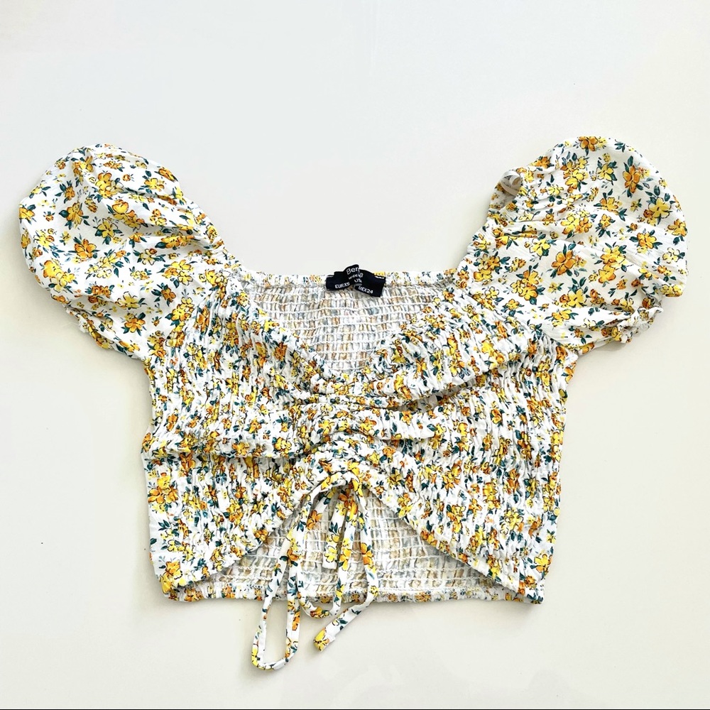 BERSHKA Rouched Florar Cropped Top